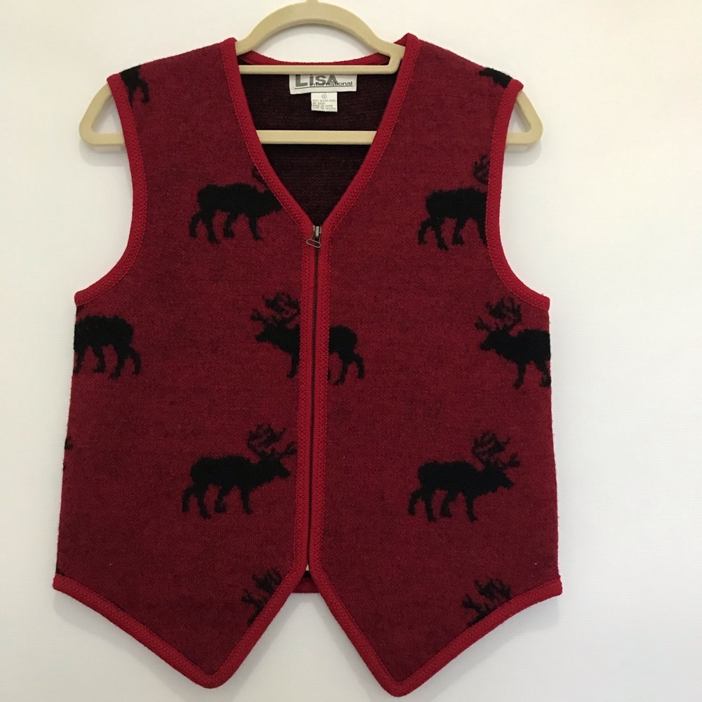 LISA International Red Wool Moose Pattern Zip Vest Size S